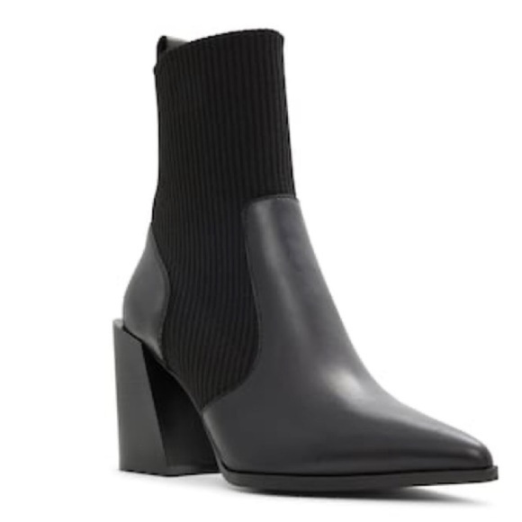 Aldo Flex Ganina Black Knit Sock Leather Chunky Heel Ankle Boots - Picture 1 of 7
